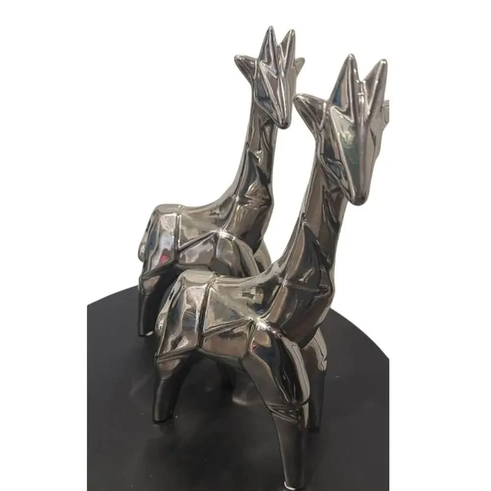Pair of Modern Silver Geometric Giraffe Figurines 12”